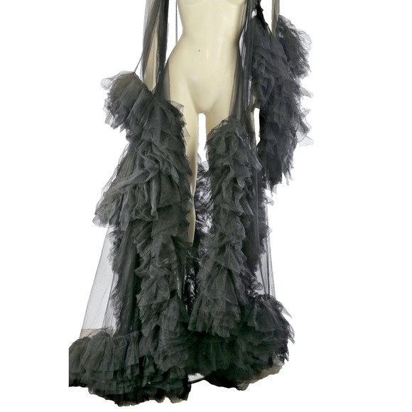 Black Sheer Tulle Puffy Robe Gown Dramatic Layered Boudoir Photoshoot Dress S - Picture 3 of 16